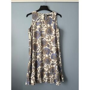 Tommy Hilfiger Blue Tan Cream Sleeveless Linen Blend Floral Dress Sz 8 Ruffle